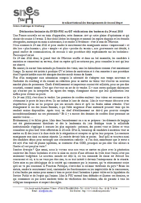 Déclaration liminaire SNES-FSU GT barême 24 mai 2108