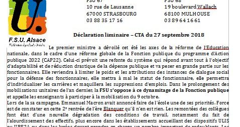 Déclaration liminaire de la FSU lors du CTA du 27/09/2018