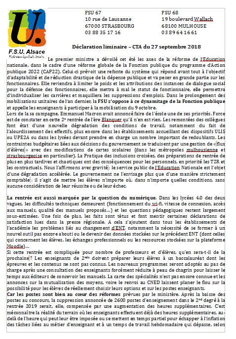Déclaration liminaire de la FSU lors du CTA du 27/09/2018