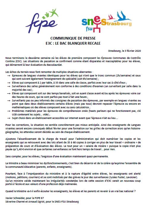 COMMUNIQUE DE PRESSE E3C : LE BAC BLANQUER RECALE